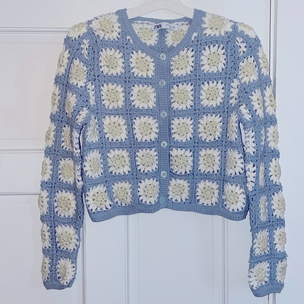 Zara Crochet grandma square button-down short cardigan sweater